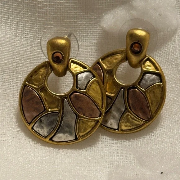 Chico’s Gold and Silver Mosaic Door Knocker Earrings - Picture 3 of 6